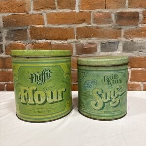 2 Vtg Ballonoff 1979 Flour & Sugar Tin Canister Container Lids Kitchen Metal